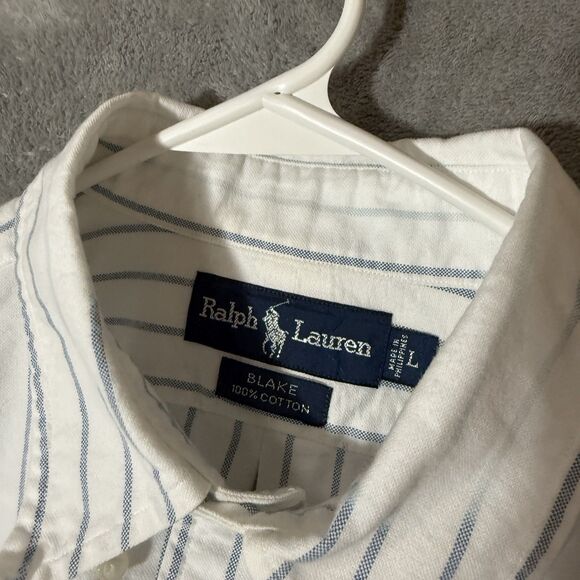 VTG Ralph Lauren Shirt L Blue White Striped Blake Pony Logo Button 90s Y2K READ - Picture 3 of 8